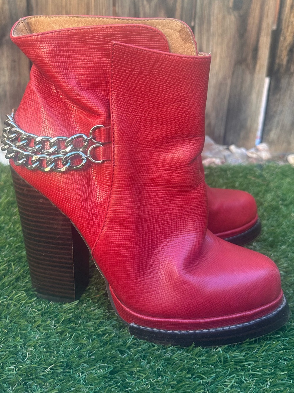 Jeffrey Campbell Red Leather Chain-Trim Block Heel Ankle Boots